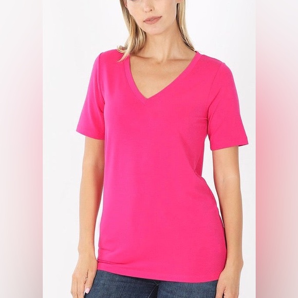 J. Crew Slub Cotton Tee Hot Pink Vneck - Picture 1 of 8
